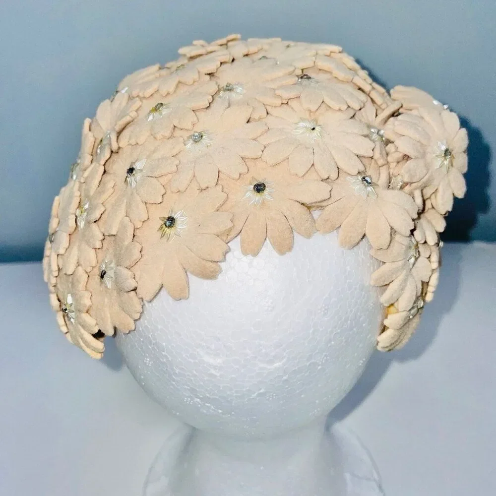 Vintage 50s Crown Beige Hat Floral Pearls Wedding Dance Costume Theatre